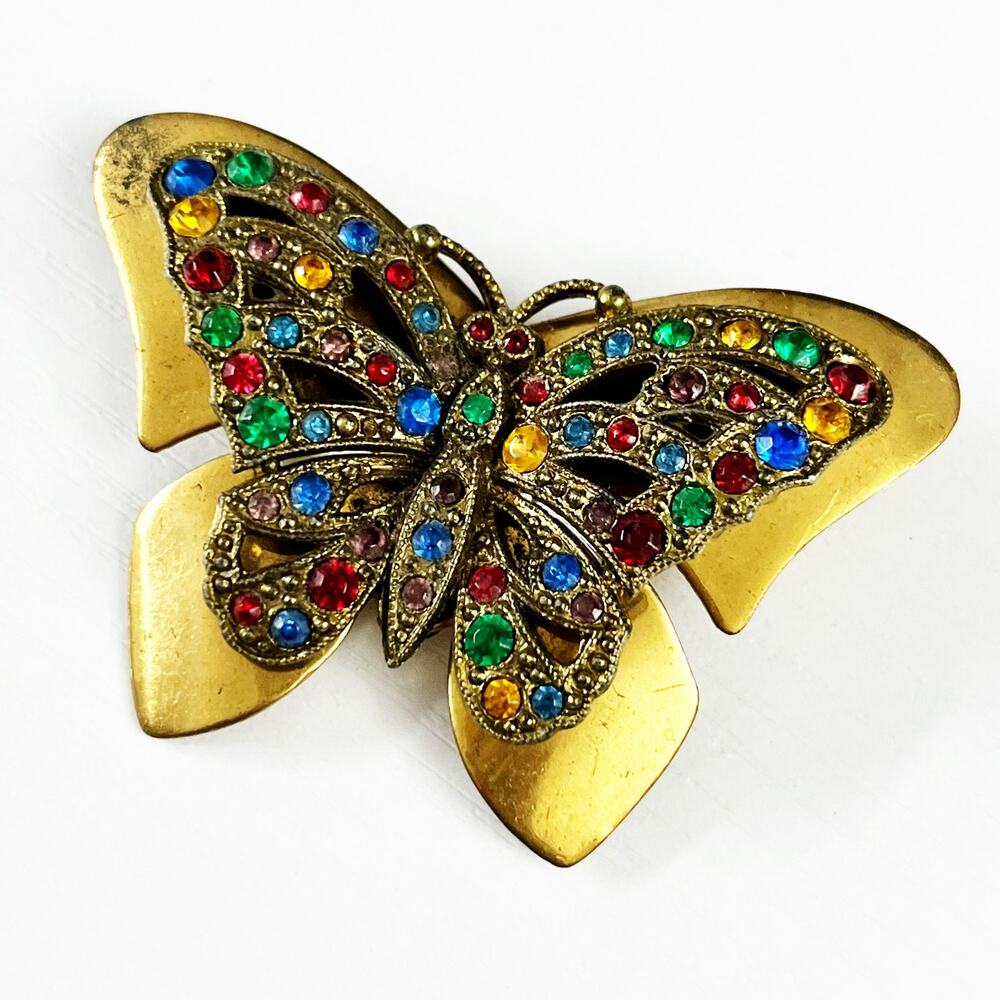 Vintage 1940s Rainbow Crystal & Brass Butterfly Brooch Pin